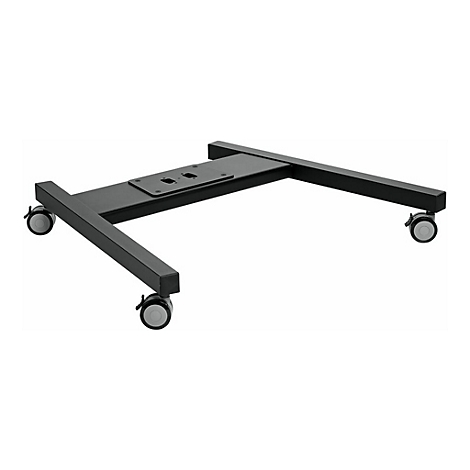 Schwarzes Metallgestell mit Rollen, für Monitore oder ähnliches Gerät.