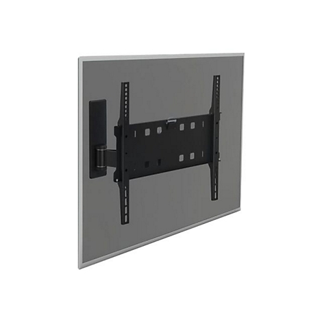 Schwarze TV-Halterung an grauer Wand, mit Schwenkfunktion.