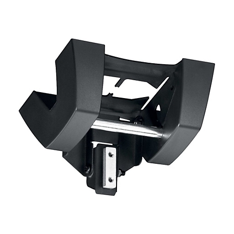 Schwarze Halterung mit Metallstab und weißem Hintergrund. Winkel, Schrauben und Eckkonstruktion.