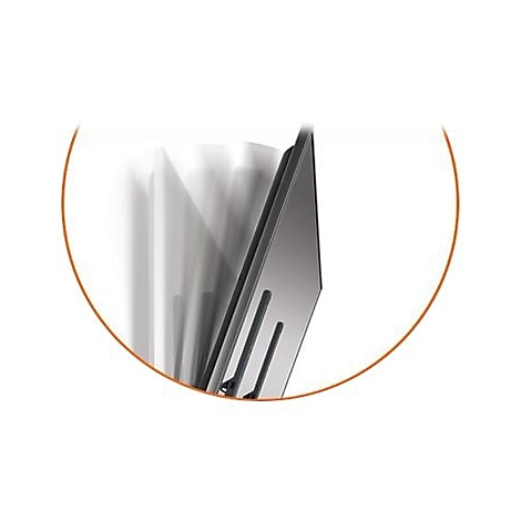 Detailaufnahme einer schwarzen Gabel mit Schlitzen und Bewegungsunschärfe. Umrandet von einem orangefarbenen Kreis.