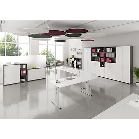 Un bureau lumineux avec des bureaux blancs, des armoires et des panneaux de plafond ronds. Les fenêtres révèlent une vue extérieure verte.