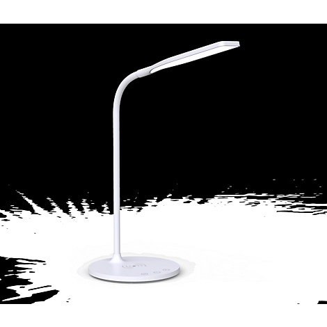 Witte bureaulamp op ronde voet met flexibele arm en rechthoekige lichtkop. Achtergrond in zwart en wit.