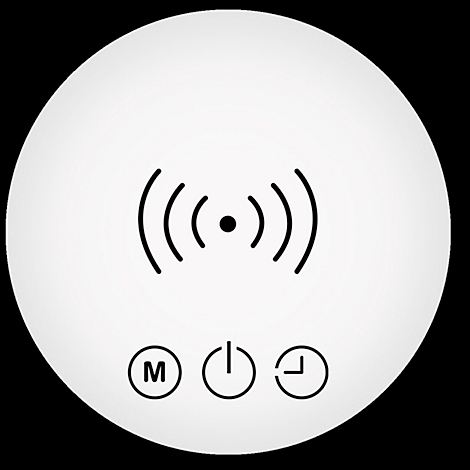 Cirkelvormig pictogram met een draadloos signaalsymbool en drie andere pictogrammen: M, aan/uit-schakelaar, klok.