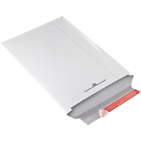 Weißer Umschlag mit rotem Verschluss. Auf dem Verschluss ist ein roter Streifen mit Schriftzug.