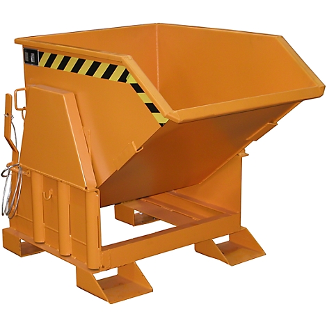 Un contenedor de volcado industrial naranja. Tiene un marco de metal resistente y un borde en ángulo con rayas negras y amarillas.