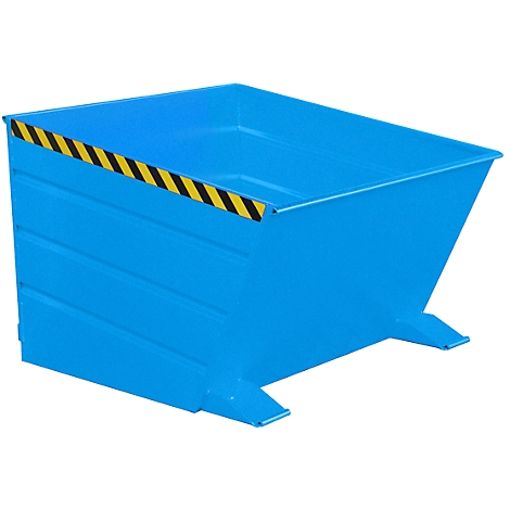 Contenedor de residuos pintado de azul. Advertencia de peligro amarilla y negra en el borde. Diseñado para una descarga segura.