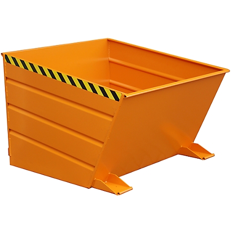 Un gran contenedor de metal naranja, con cinta de advertencia negra y amarilla en el borde superior.