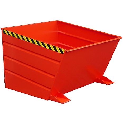 Contenedor de acero rojo, trapezoidal. Franja de advertencia negra y amarilla en el borde superior.