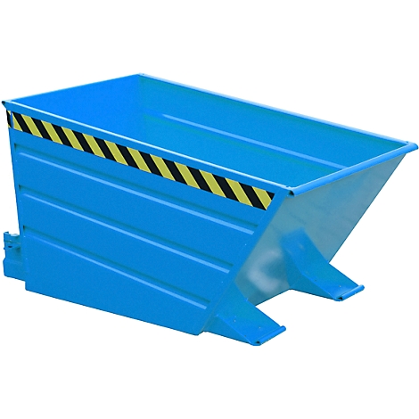 Contenedor basculante pintado de azul. Rayas de advertencia amarillas y negras en la parte superior.