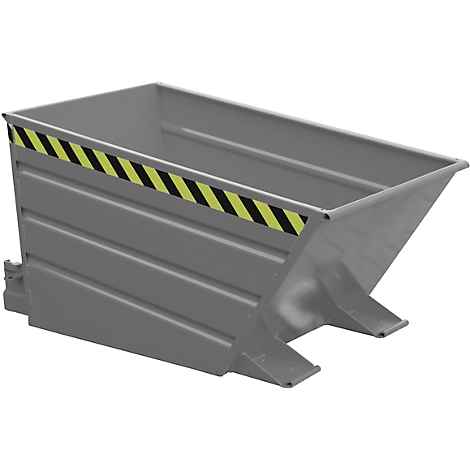 Contenedor basculante gris con cinta de advertencia negra y amarilla. Forma angular, patas de soporte. Adecuado para la industria o la obra.