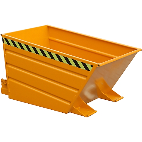 Contenedor amarillo con rayas de advertencia en el borde, que se estrecha hacia la parte inferior.