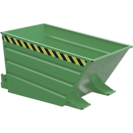 Contenedor basculante verde con rayas de advertencia amarillas y negras.