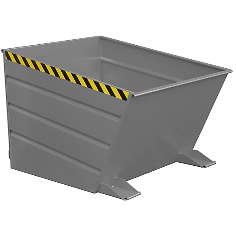 Contenedor trapezoidal gris, con rayas de advertencia amarillas y negras. Los pies soportan la construcción.