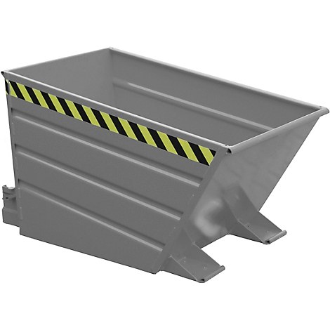 Cubo basculante trapezoidal gris con bandas de advertencia negras y amarillas. Pies de apoyo anchos, biselados lateralmente.