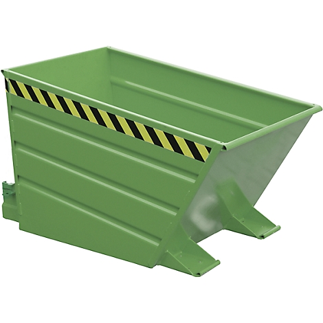 Contenedor de residuos verde con marcas de advertencia amarillas y negras.
