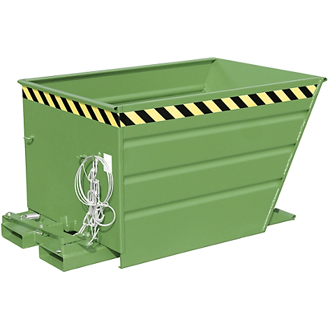 Contenedor basculante verde con cinta de advertencia amarilla y negra, vista frontal.