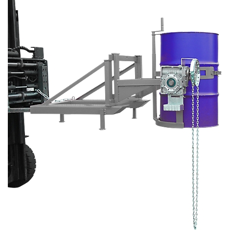 Volteador de barriles Bauer tipo FD/L, para barriles de 110-220 l, 360 kg, basculación de 270°, con cadena continua, alojamiento de apilador, gris ratón RAL 7005