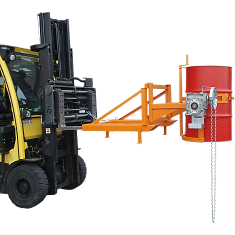 Volteador de barriles Bauer tipo FD/L, para barriles de 110 a 220 l, 360 kg, basculación de 270°, con cadena continua, alojamiento de apilador, amarillo anaranjado RAL 2000
