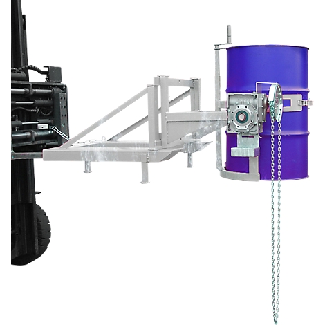 Volteador de barriles Bauer tipo FD/L, para barriles de 110 a 220 l, 360 kg, basculación de 270°, con cadena continua, alojamiento de apilador, galvanizado