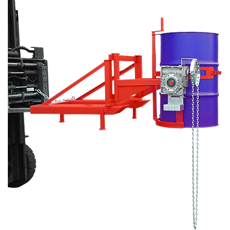 Volteador de barriles Bauer tipo FD/L, para barriles de 110 a 220 l, 360 kg, basculación de 270°, con cadena continua, alojamiento de apilador, rojo vivo RAL 3000