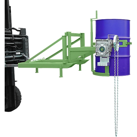 Volteador de barriles Bauer tipo FD/L, para barriles de 110 a 220 l, 360 kg, basculación de 270°, con cadena continua, alojamiento de apilador, verde reseda RAL 6011