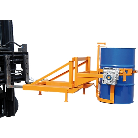 Volteador de barriles Bauer tipo FD/L, para barriles de 110 a 220 l, 360 kg, basculación de 270°, con manivela, alojamiento de apilador, amarillo anaranjado RAL 2000