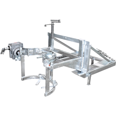 Volteador de barriles Bauer tipo FD/L, para barriles de 110 a 220 l, 360 kg, basculación de 270°, con manivela, alojamiento de apilador, galvanizado