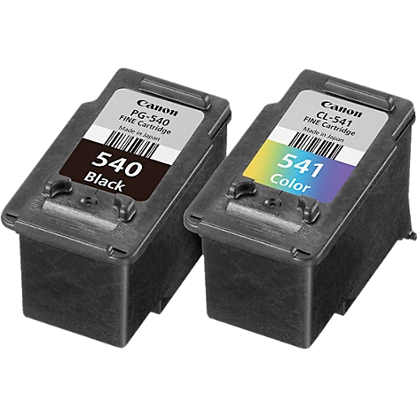 Twee Canon inktcartridges, een zwarte 540 en een kleurencartridge 541, naast elkaar.