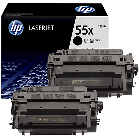 Drie zwarte HP LaserJet 55x tonercartridges met een verpakking op de achtergrond.