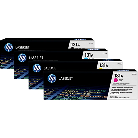 Vier HP LaserJet tonercartridges, elk met een andere kleur en het label '131A'.