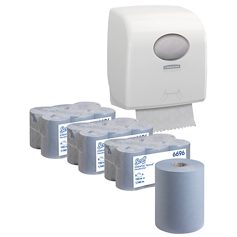 Een witte papieren handdoekdispenser met papieren handdoeken en blauwe rollen.