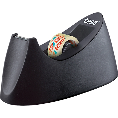Zwarte tesa-tapedispenser met een rol tape, met de tekst 'tesa'.