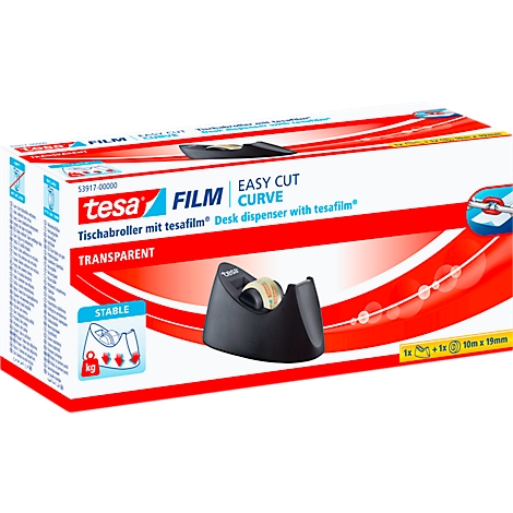 Tesafilm dispenser met kartonnen verpakking, 'tesa' belettering, rode streep.
