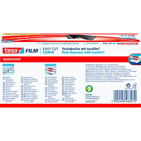 Close-up van de verpakking van een tafeldispenser met tesafilm. Rode en witte achtergrond, merklogo, productinformatie en barcode.