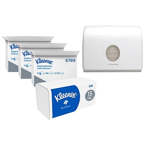 Vier dozen en een dispenser van Kleenex handdoeken. De handdoeken zijn wit, de verpakking is wit met blauwe en grijze details.