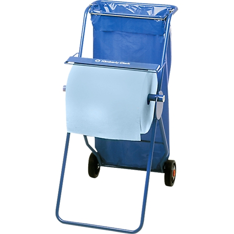 Blauwe schoonmaakkar met papierrolhouder en geïntegreerde afvalzak tegen een witte achtergrond.