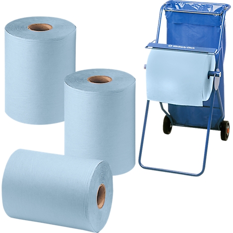 Drie blauwe papierrollen naast een verrijdbare metalen standaard met gemonteerde papierrol tegen een witte achtergrond.