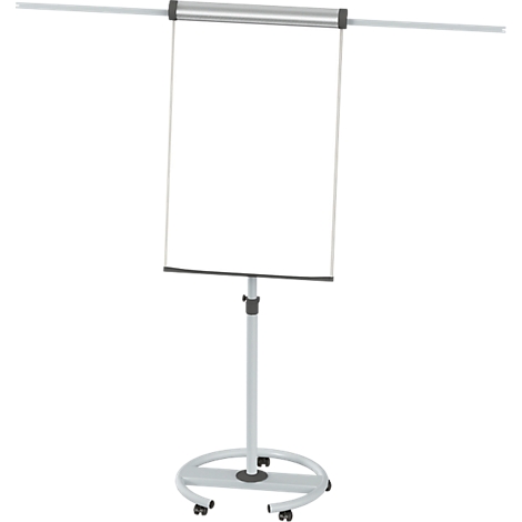 Een flip-over op wielen. Het bord is wit, de standaard is zilver.