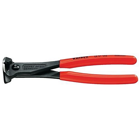 Tang met zwarte kaken en rode handgrepen, de tang is van het merk Knipex.