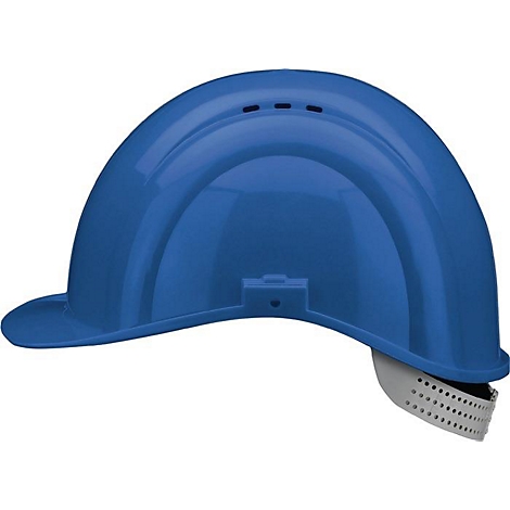 Casque de chantier bleu avec mentonnière. Le dessus du casque comporte des trous de ventilation.