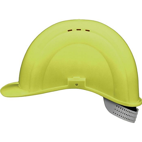 Un casque de sécurité jaune vif avec une jugulaire.
