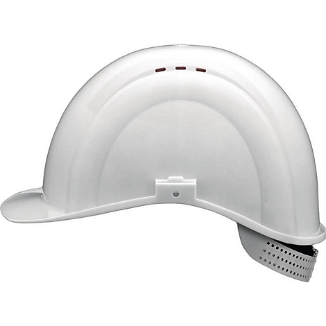 Un casque de sécurité en plastique blanc de profil. Il y a des trous de ventilation sur le dessus et une jugulaire.