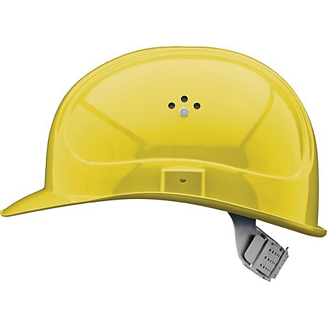 Casque de sécurité jaune avec jugulaire.