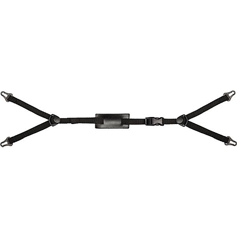 Zwarte riem met kunststof gesp, metalen haken en rechthoekige beugel.