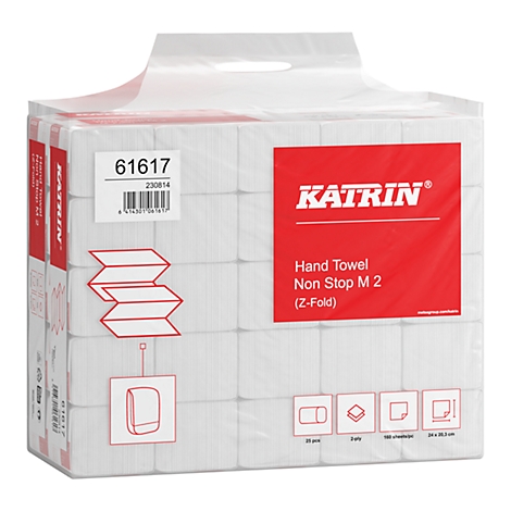 Pakket witte papieren handdoeken. Bedrukt met "KATRIN Hand Towel Non Stop M 2".