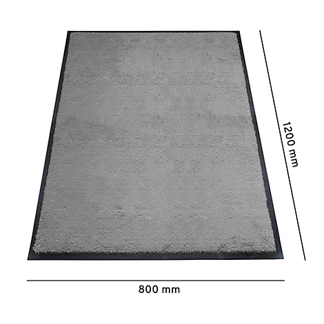 Grijze rechthoekige vloerkleed met zwarte randen. Afmetingen: 800 x 1200 mm.