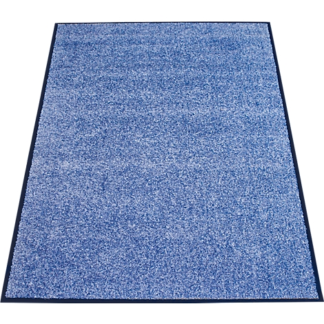 Rechthoekig donkerblauw tapijt met zwart gemêleerd patroon en een zwarte rand.