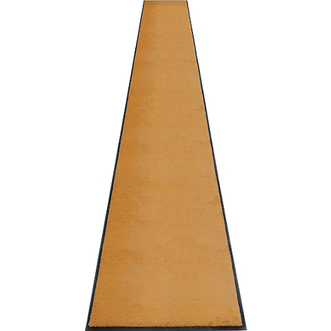 Smalle, langwerpige vloerkleed met een beige patroon en zwarte rand.