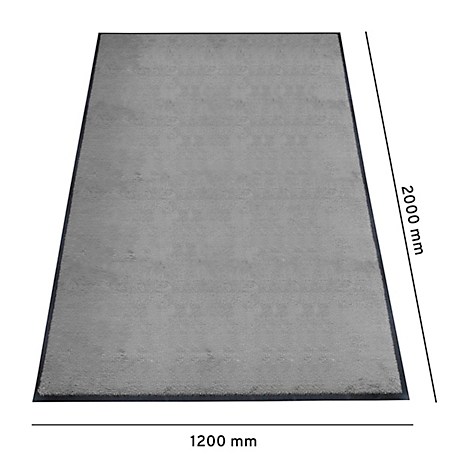Grijze rechthoekige vloerkleed, 1200 x 2000 mm. Zwarte rand, afmetingen gelabeld.