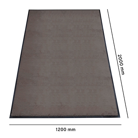 Rechthoekig grijs tapijt met zwarte rand. Afmetingen: 2000 mm x 1200 mm.
